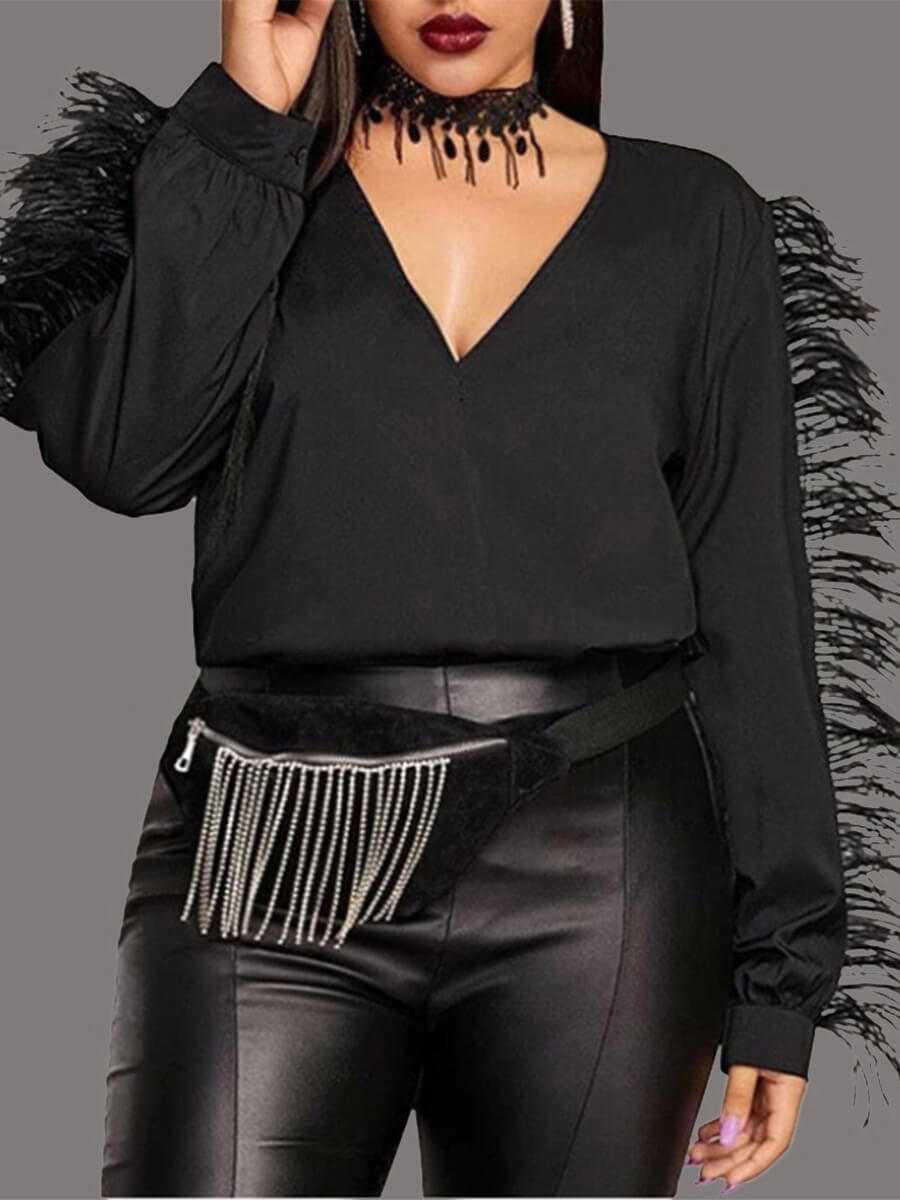 

Lovely Sweet V Neck Tassel Design Black Plus Size Blouse