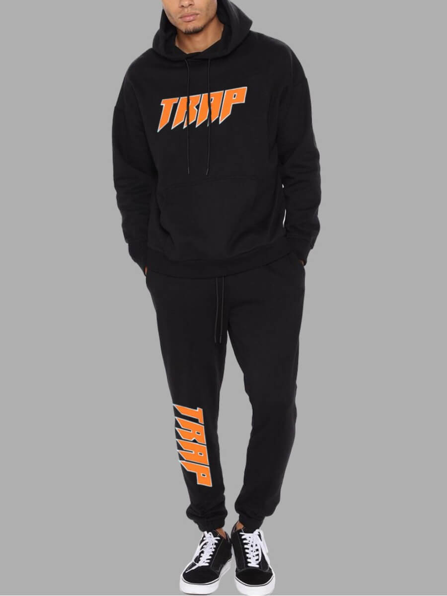 

Lovely Casual Hooded Collar Letter Print Black Men Two-piece Pants Set