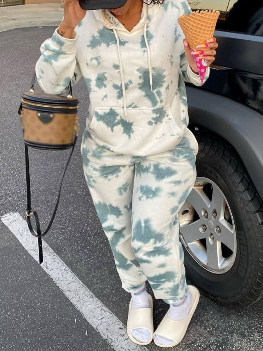 

Lovely Leisure Hooded Collar Tie Dye White Two Piece Pants Set