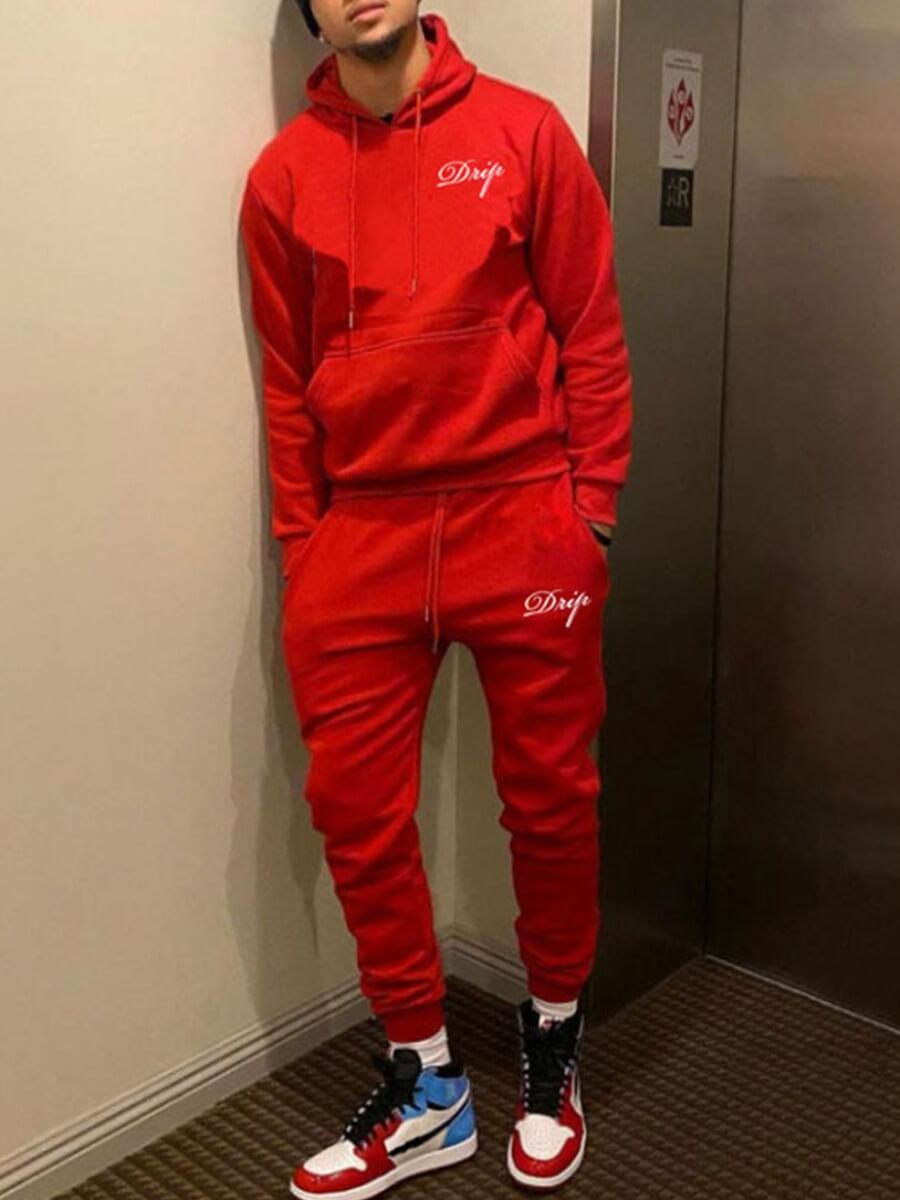 

Lovely Casual Hooded Collar Letter Print Red Men Two-piece Pants Set