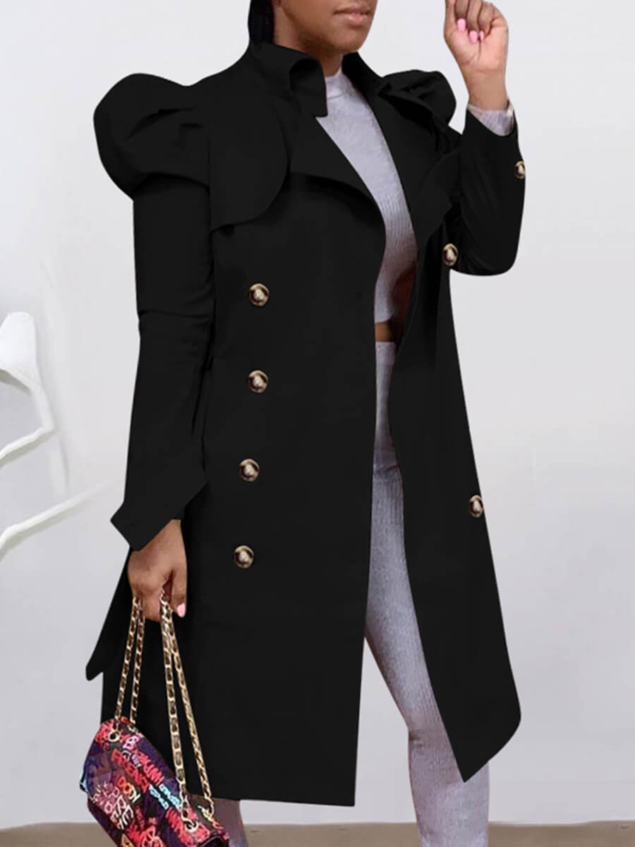 

LW BASICS Trendy Button Design Black Trench Coat