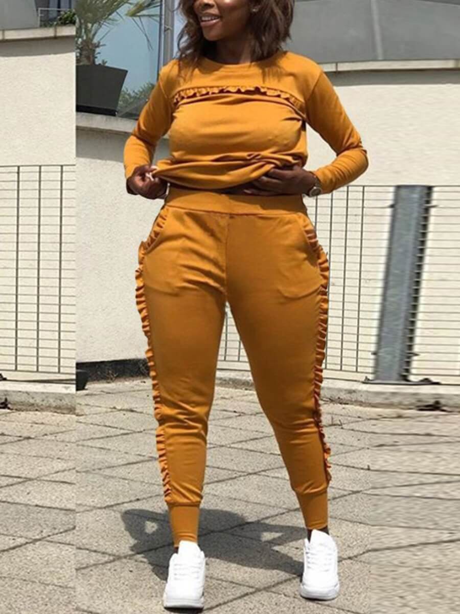 

Lovely Casual O Neck Patchwork Croci Plus Size Two-piece Pants Set