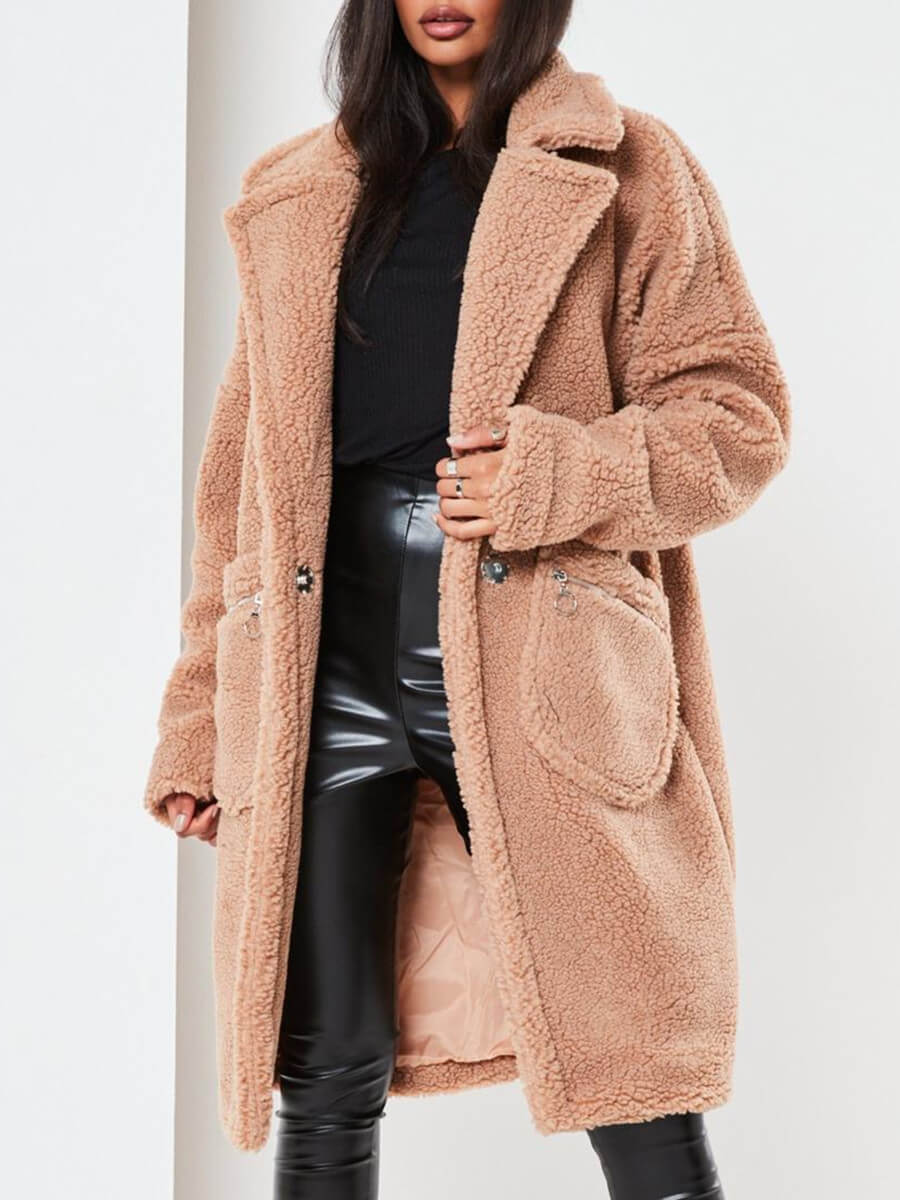

Lovely Casual Lapel Collar Pocket Design Khaki Faux Fur