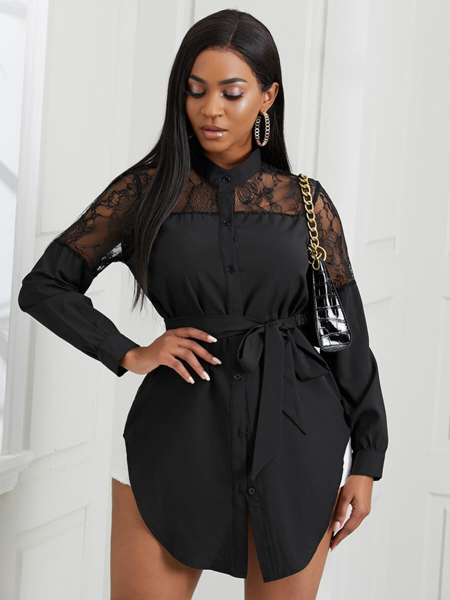 

Lovely Sweet Mesh Patchwork Knot Design Black Blouse