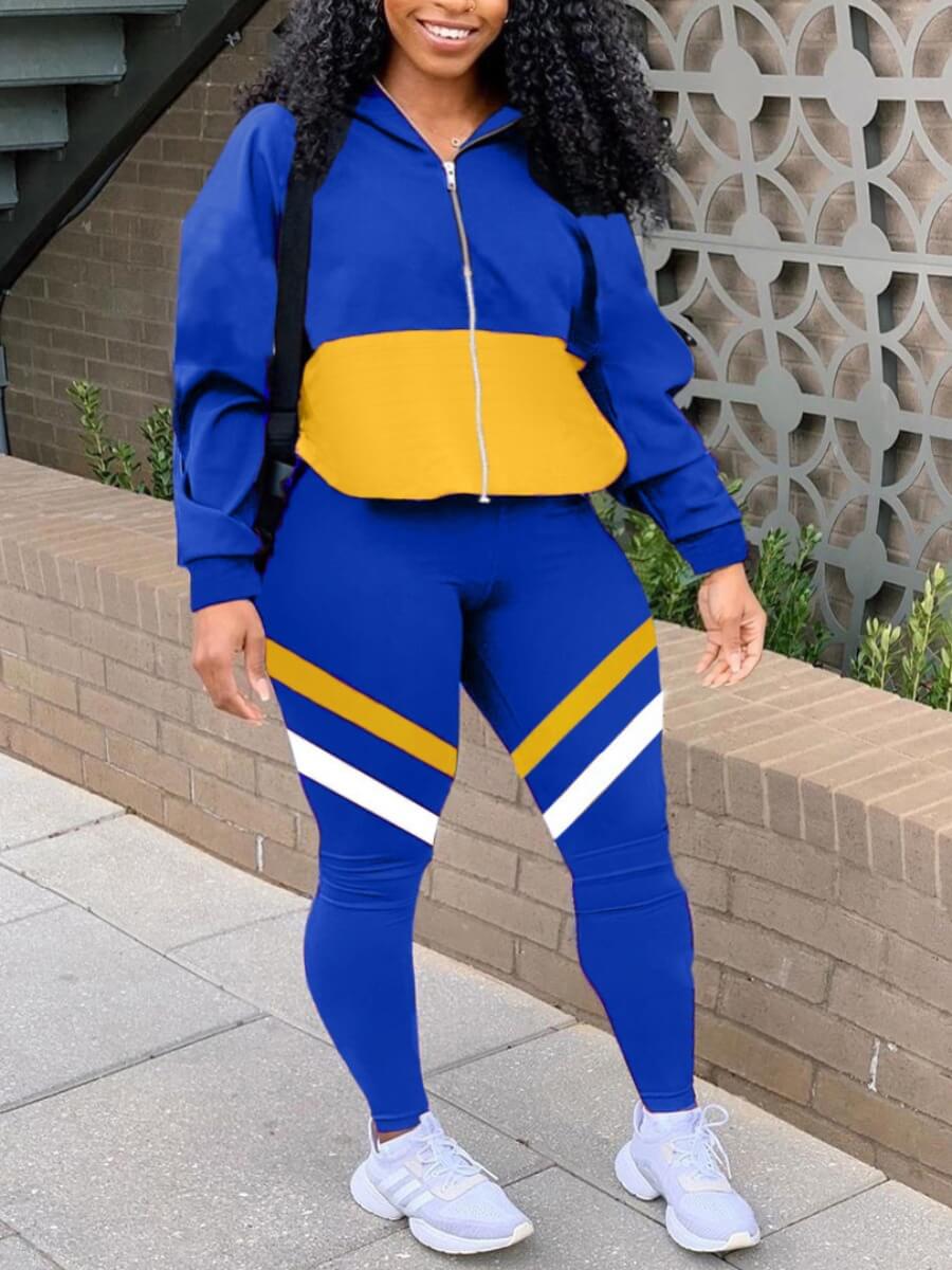 

Lovely Sportswear Striped Patchwork Blue Two Piece Pants Set