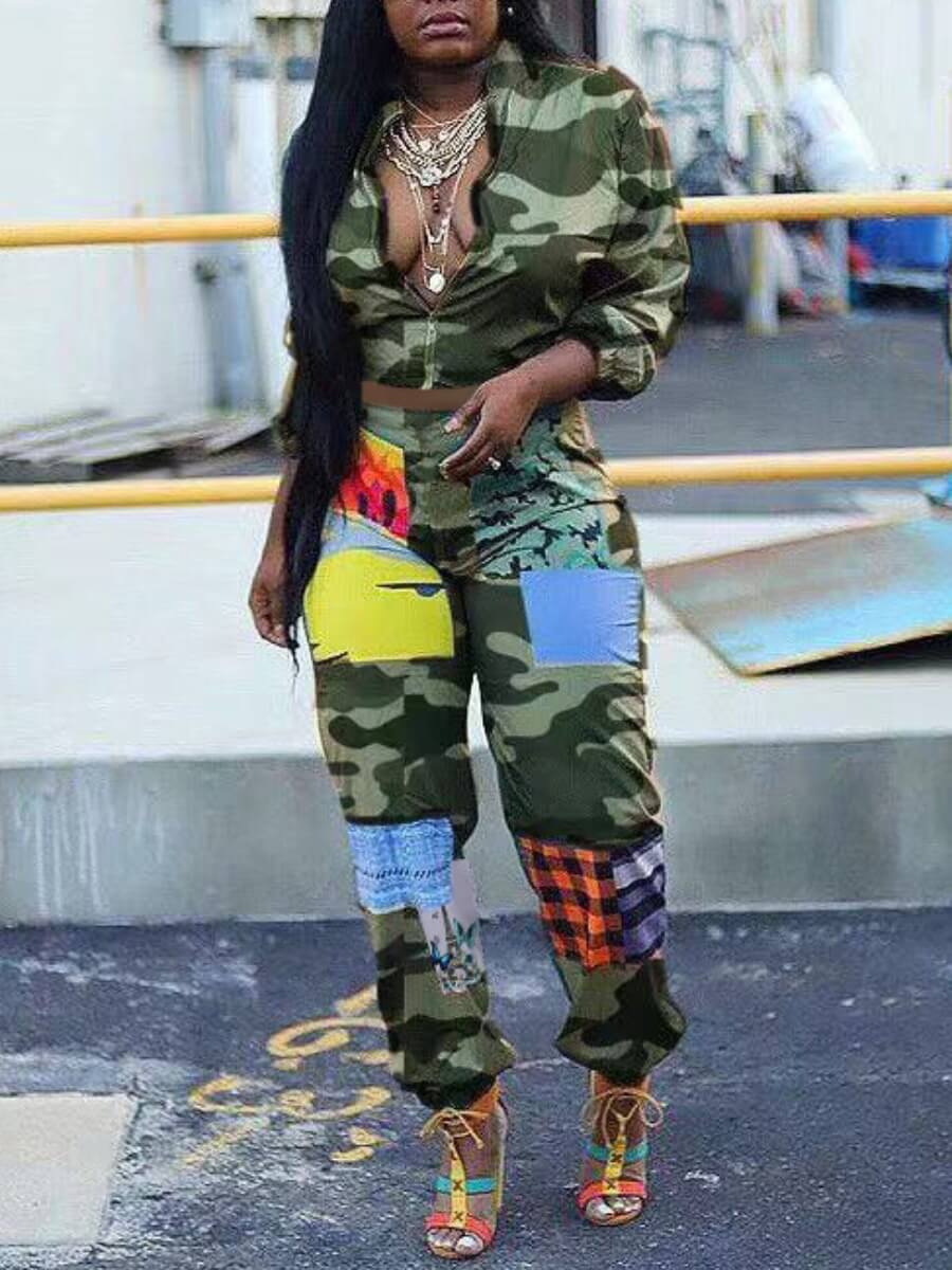 

Lovely Street Camo Print Patchwork Green Two Piece Pants Set