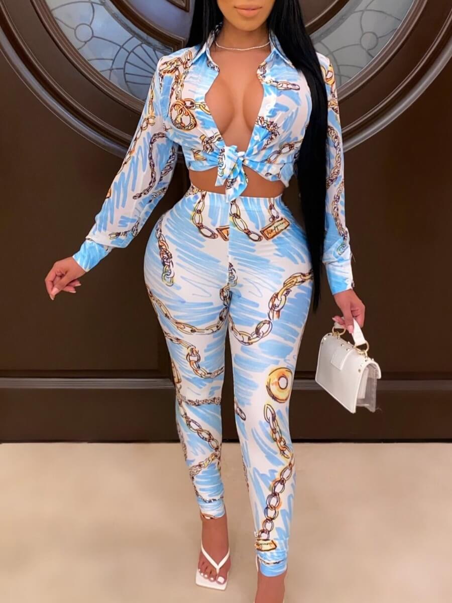 

Lovely Sweet Turndown Collar Print Blue Two Piece Pants Set