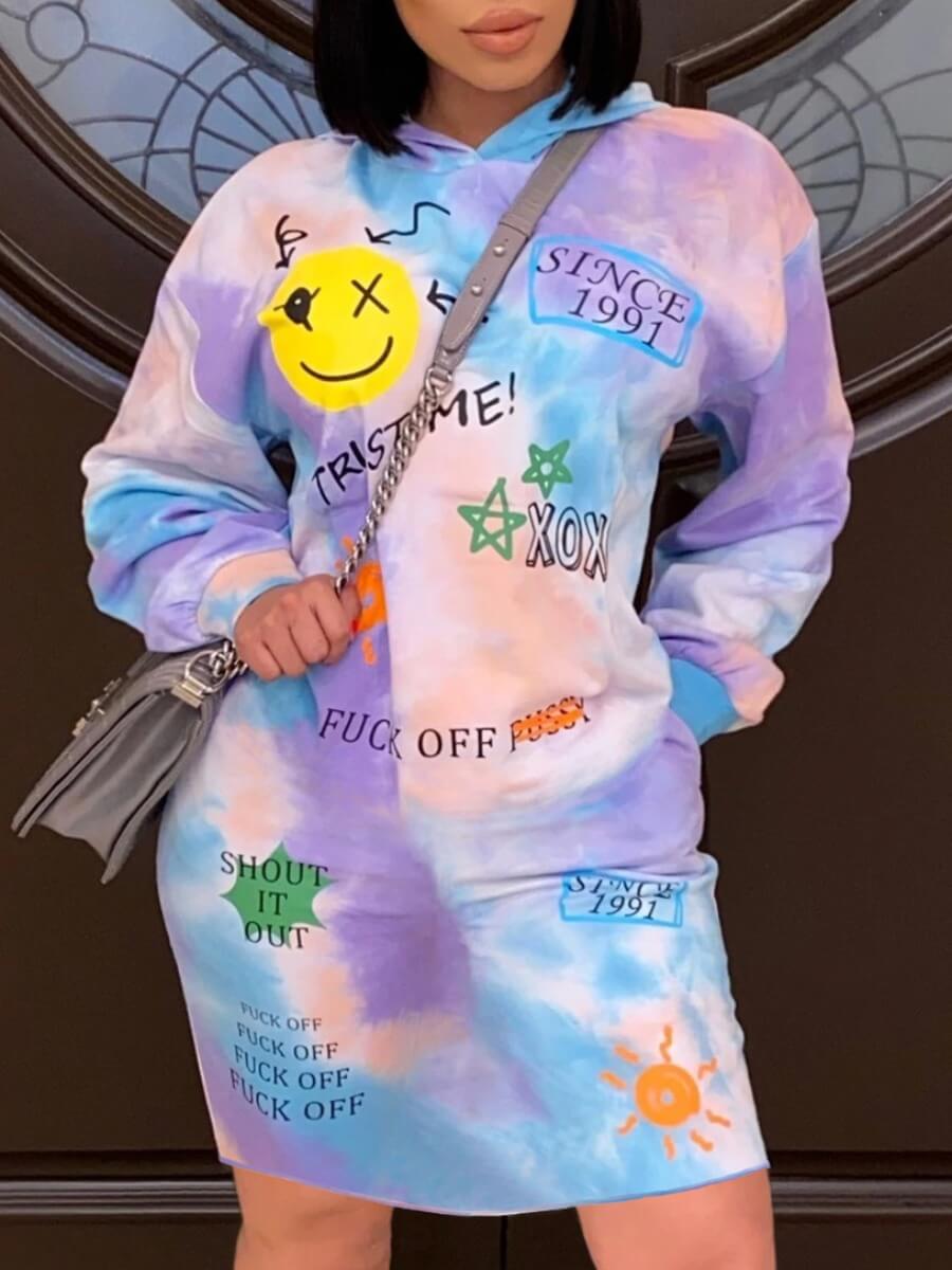 

Lovely Street Letter Print Tie-dye Purple Mini Dress