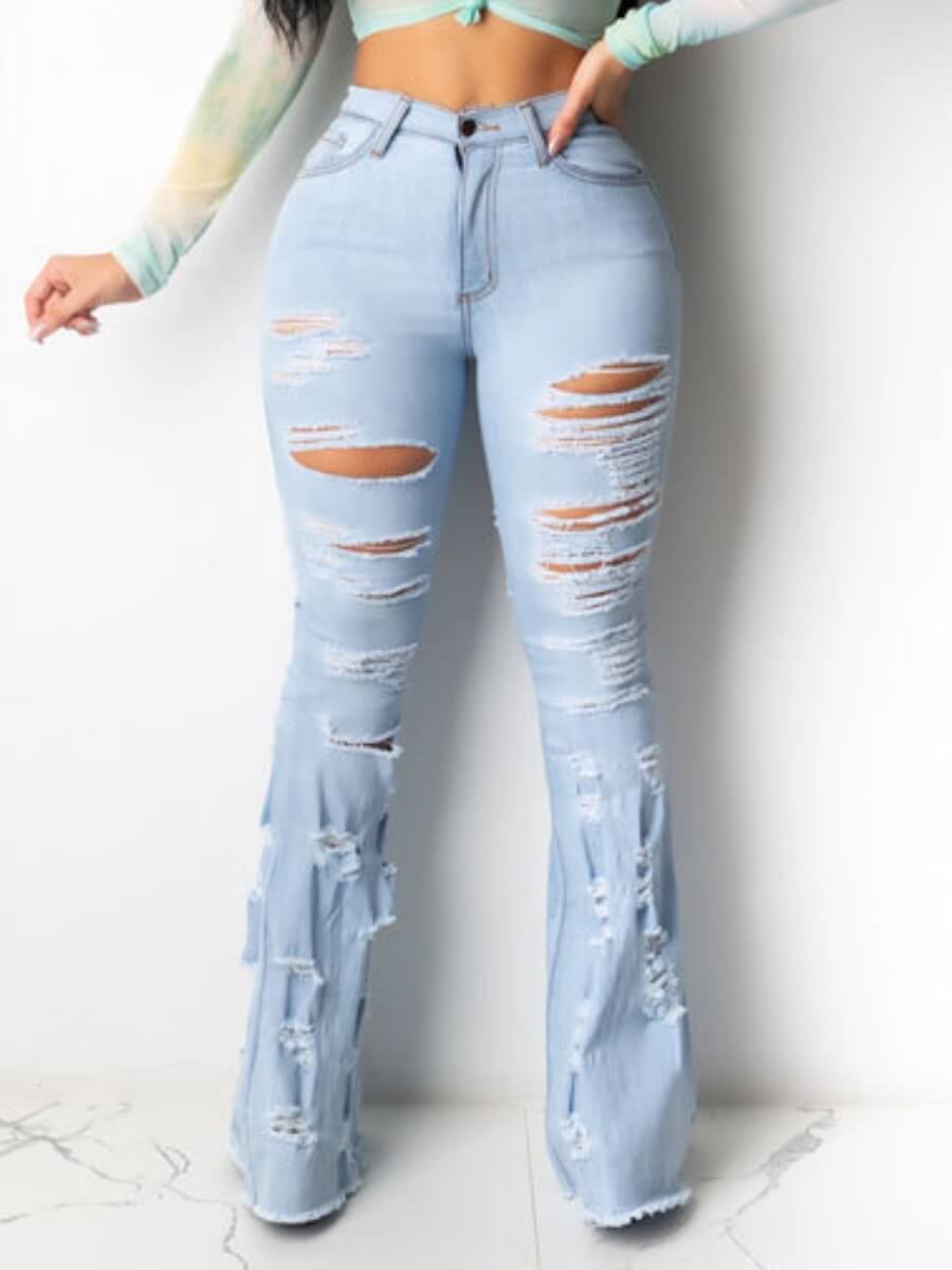

Lovely Casual Flared Broken Holes Blue Jeans