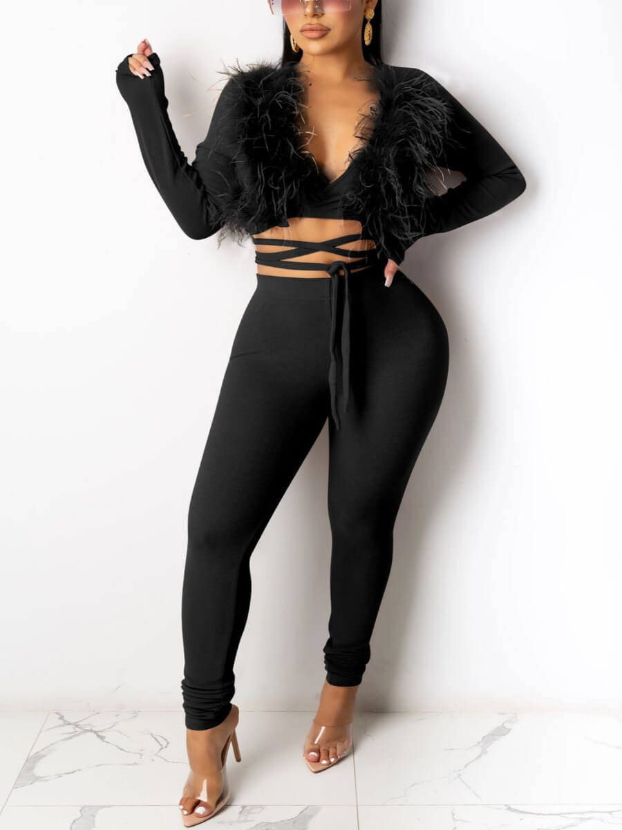 

Lovely Sexy Lace Patchwork Knot Design Black Two Piece Pants Set