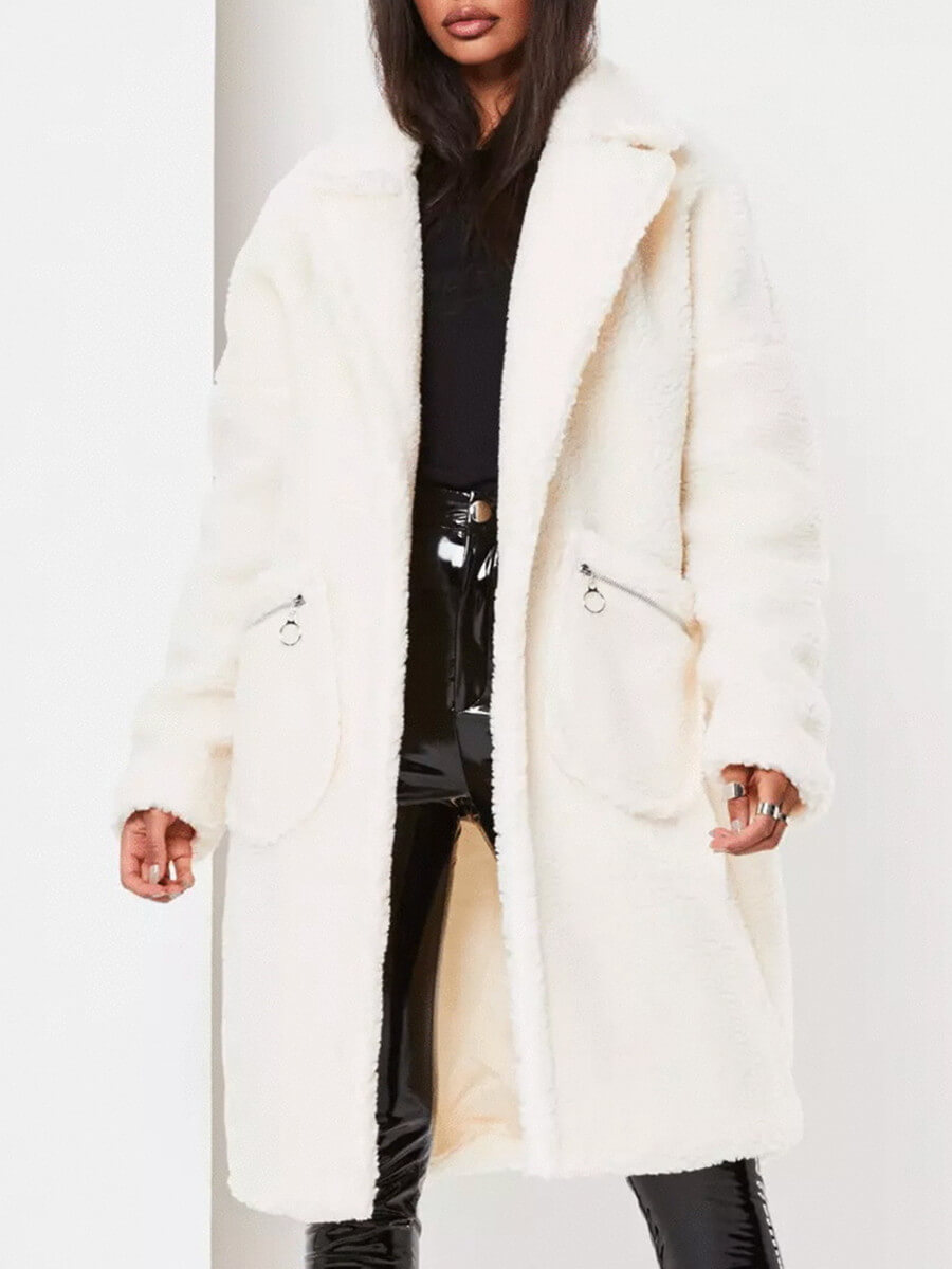 

Lovely Casual Lapel Collar Pocket Design White Faux Fur