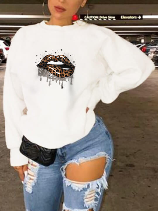 

Lovely Street O Neck Lip Print White Plus Size Hoodie
