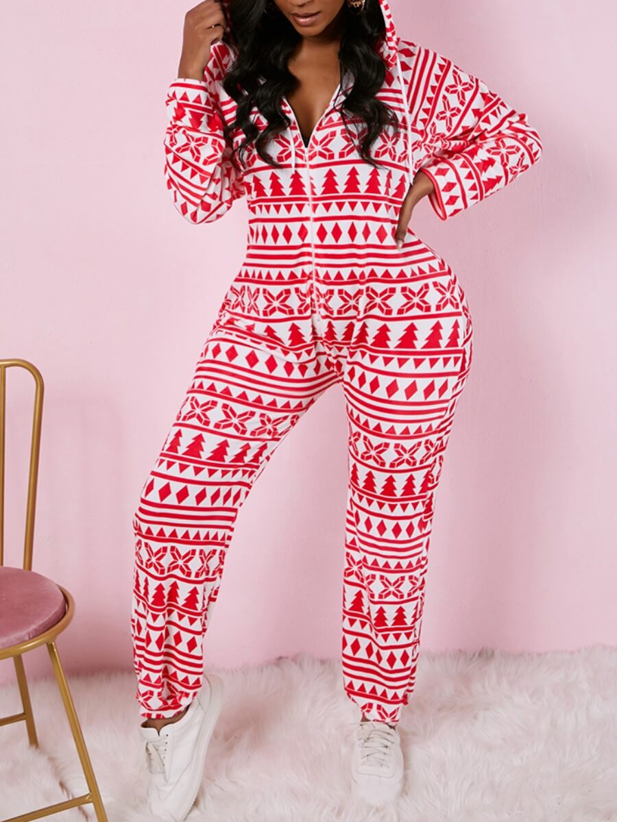 

Lovely Sweet Christmas Day Geometric Print Patchwork Rose Red One-piece Jumpsuit