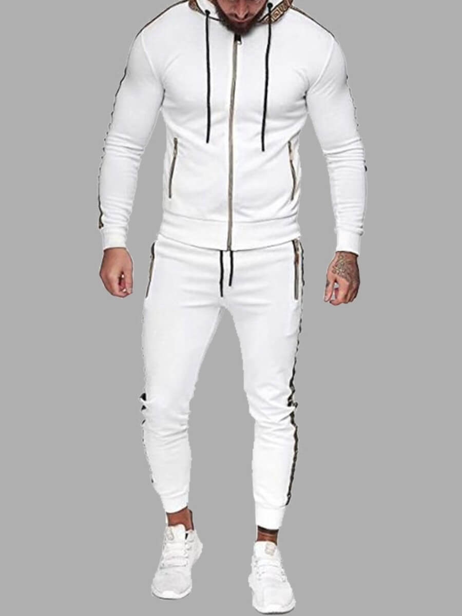 

Lovely Sportswear Hooded Collar Patchwork Zipper Design White Two-piece Pants Set