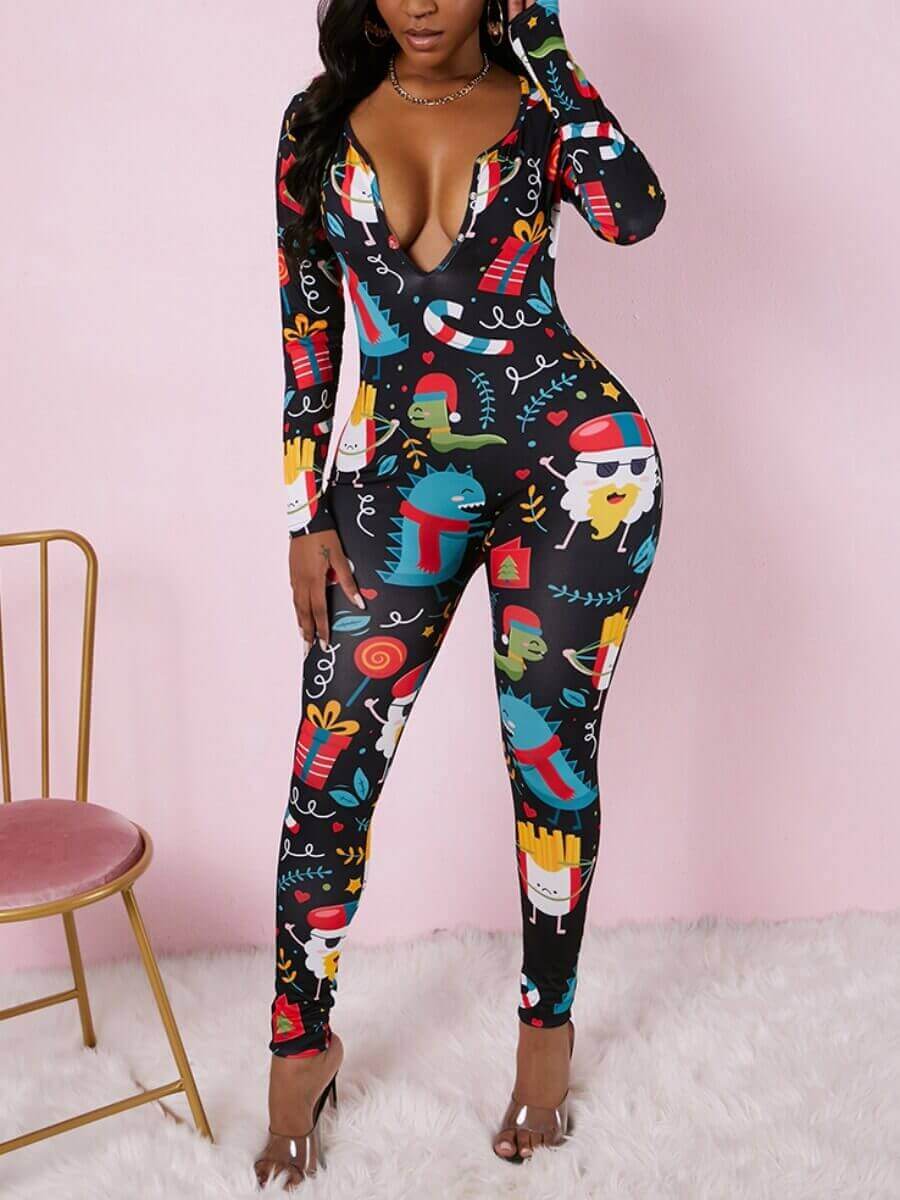 

Lovely Sweet Christmas Day Cartoon Print Black One-piece Jumpsuit