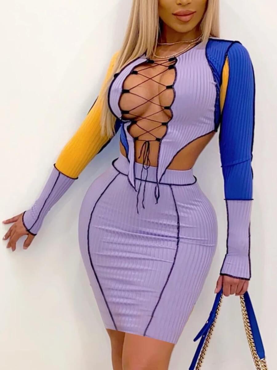 

LW Sexy Patchwork Lace-up Hollow-out Purple Two Piece Skirt Set