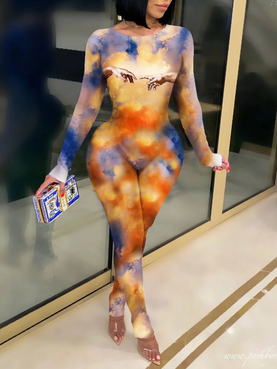 

Lovely Casual Tie Dye Print Multicolor One-piece Jumpsuit, Multi