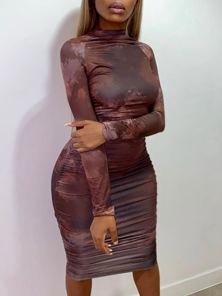 

Lovely Casual Turtleneck Print Patchwork Brown Mid Calf Plus Size Dress
