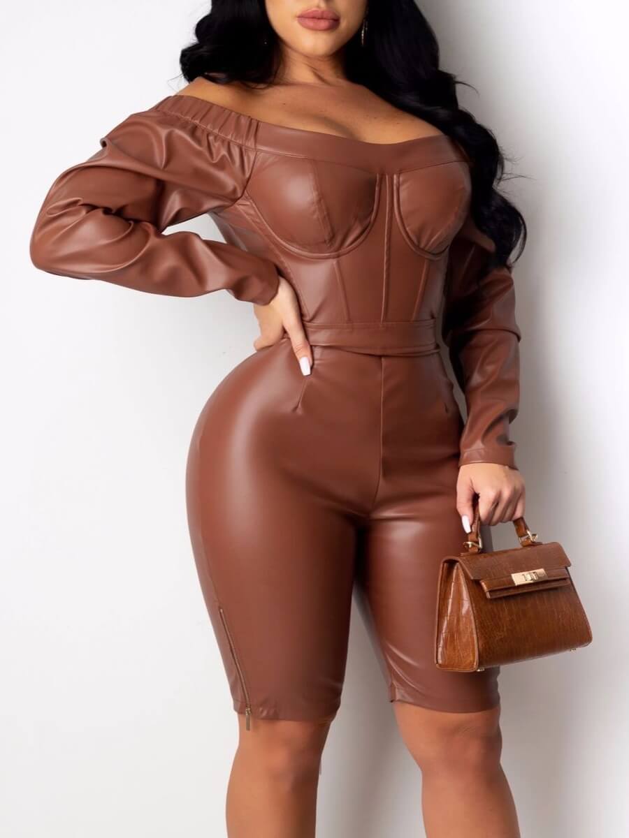 

Lovely Street Bateau Neck Zipper Design Coffee One-piece Romper