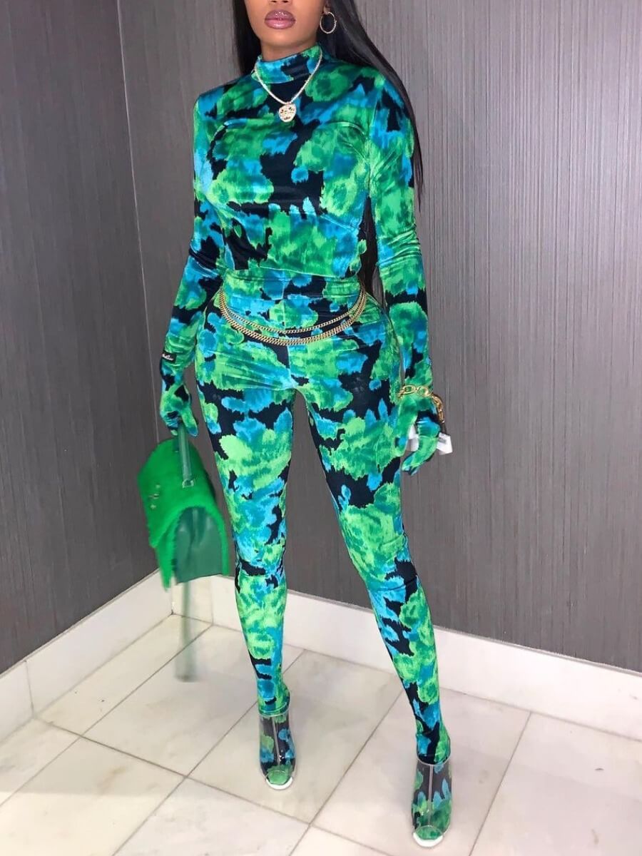 

Lovely Street Half A Turtleneck Print Green One-piece Jumpsuit