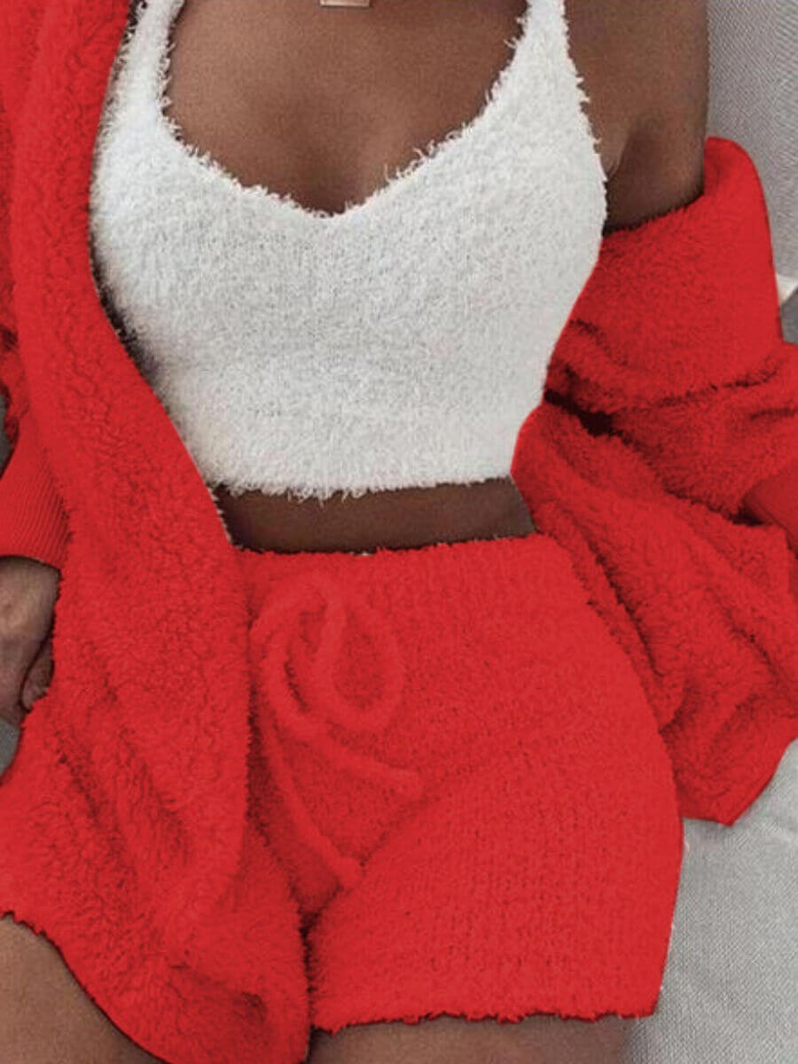 

Lovely Stylish Lamb Fleece Red Sleepwear(Three-piece