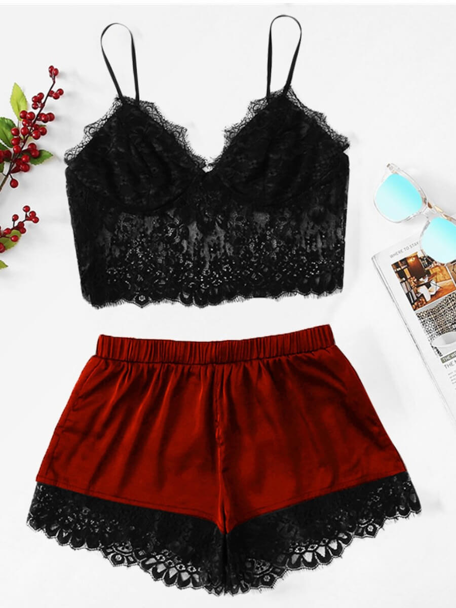 

Lovely Sexy Spaghetti Strap Lace Patchwork Wine Red Sleepwear