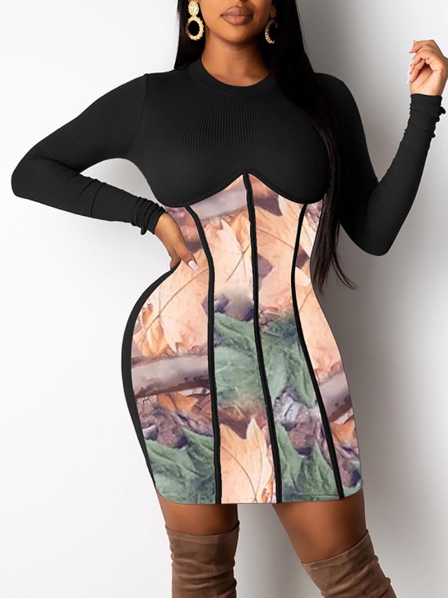 

LW Street O Neck Print Patchwork Black Knee Length A Line Dress
