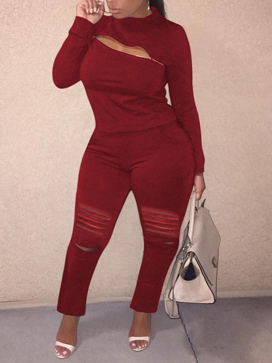 

Lovely Casual Ripped Zipper Design Wine Red Plus Size Two-piece Pants Set