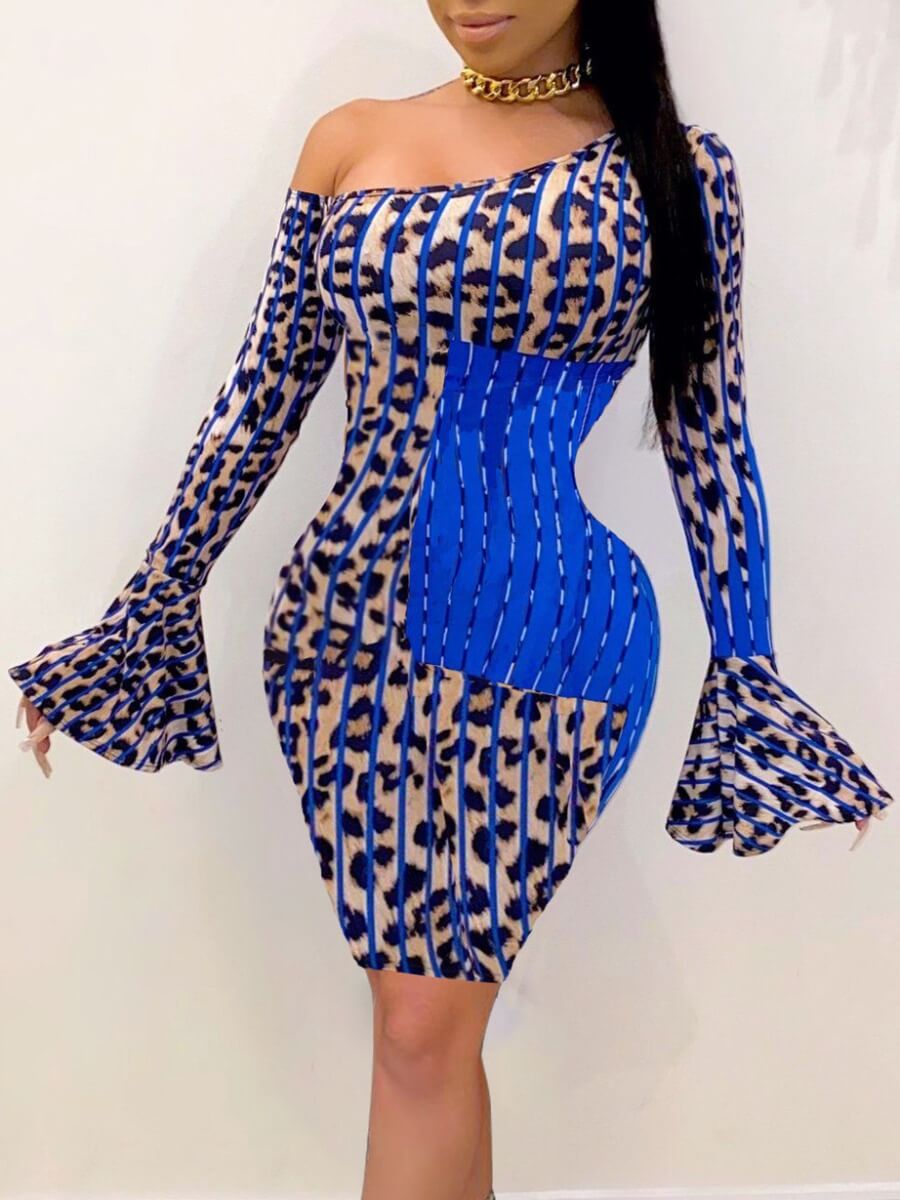 

Lovely Stylish Flared Leopard Print Patchwork Blue Knee Length Dress