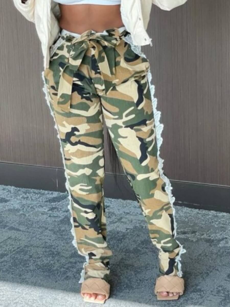 

Lovely Street Lace Patchwork Knot Design Camo Print Pants
