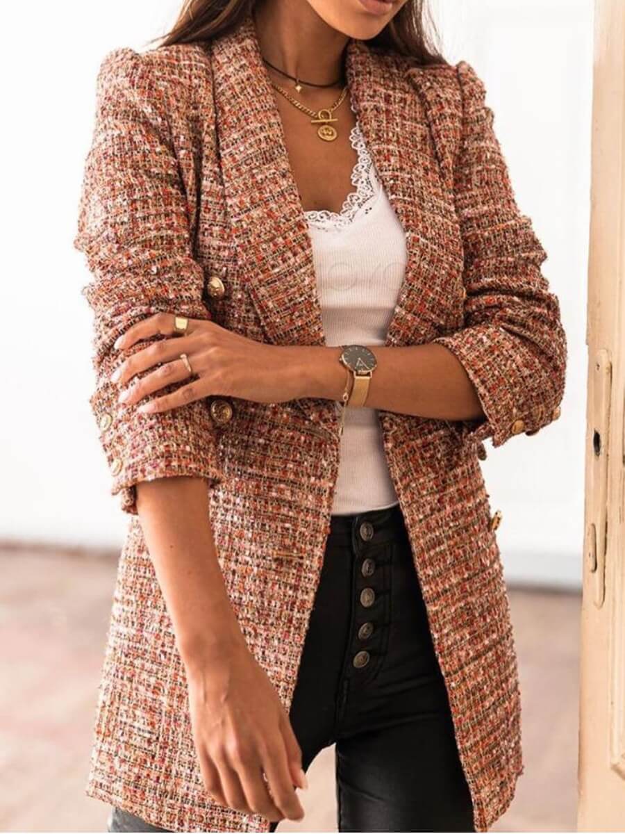 

Lovely Casual Plaid Print Button Design Brown Blazer