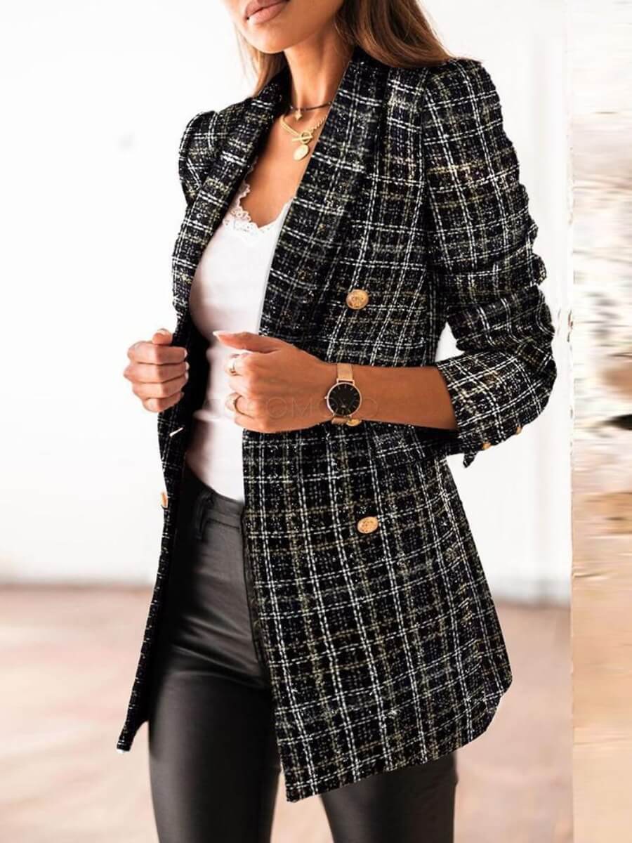 

Lovely Casual Plaid Print Button Design Black Blazer