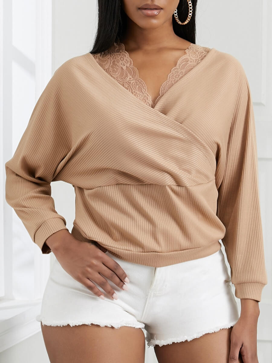 

Lovely Chic Lace Patchwork Cross-over Design Khaki Sweater