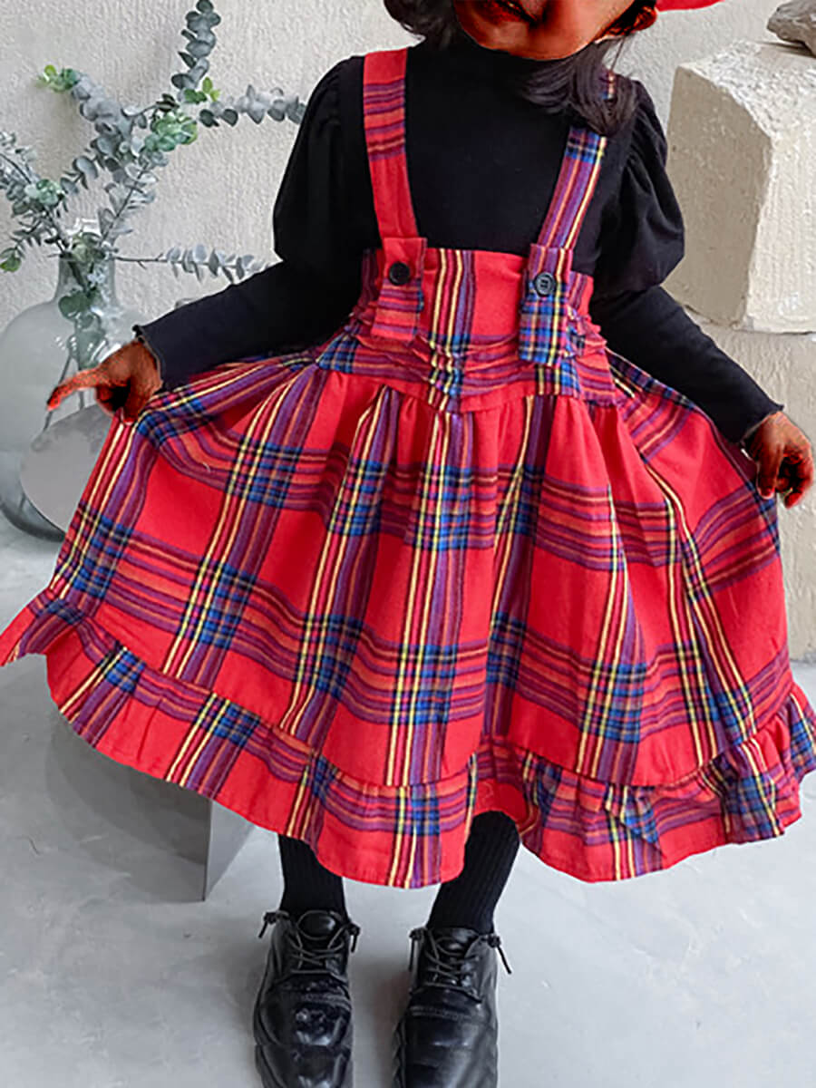 Lovely Sweet Plaid Print Patchwork Suspender Red Knee Length Girl Dress