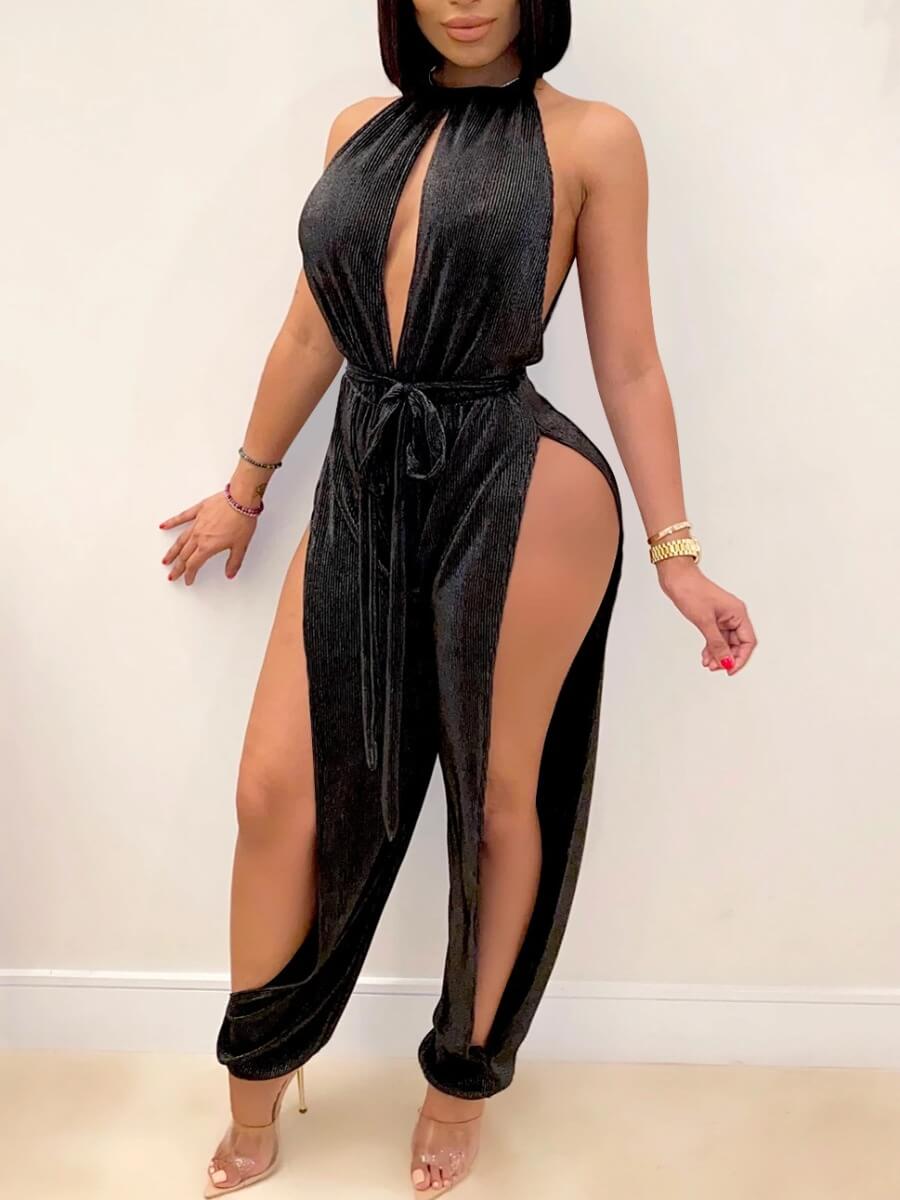 

LW SXY Hollow-out Lace-up Black One-piece Jumpsuit