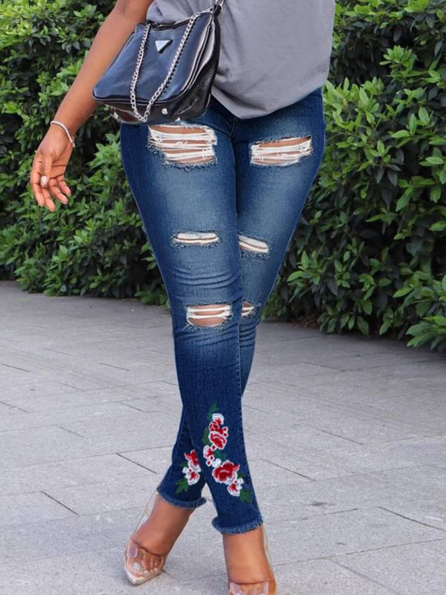 

Lovely Street Floral Print Broken Holes Blue Jeans