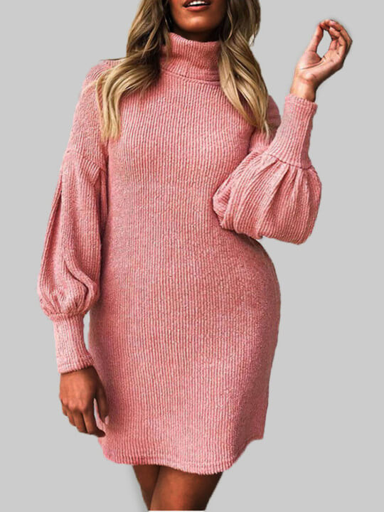 

Lovely Casual Turtleneck Puffed Sleeve Pink Knee Length Plus Size Dress