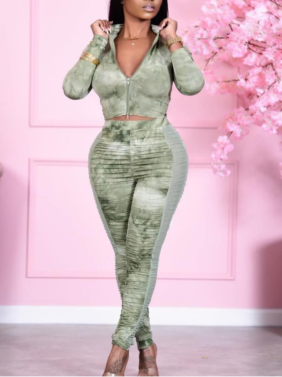 

Lovely Sportswear Tie Dye Patchwork Green Two Piece Pants Set