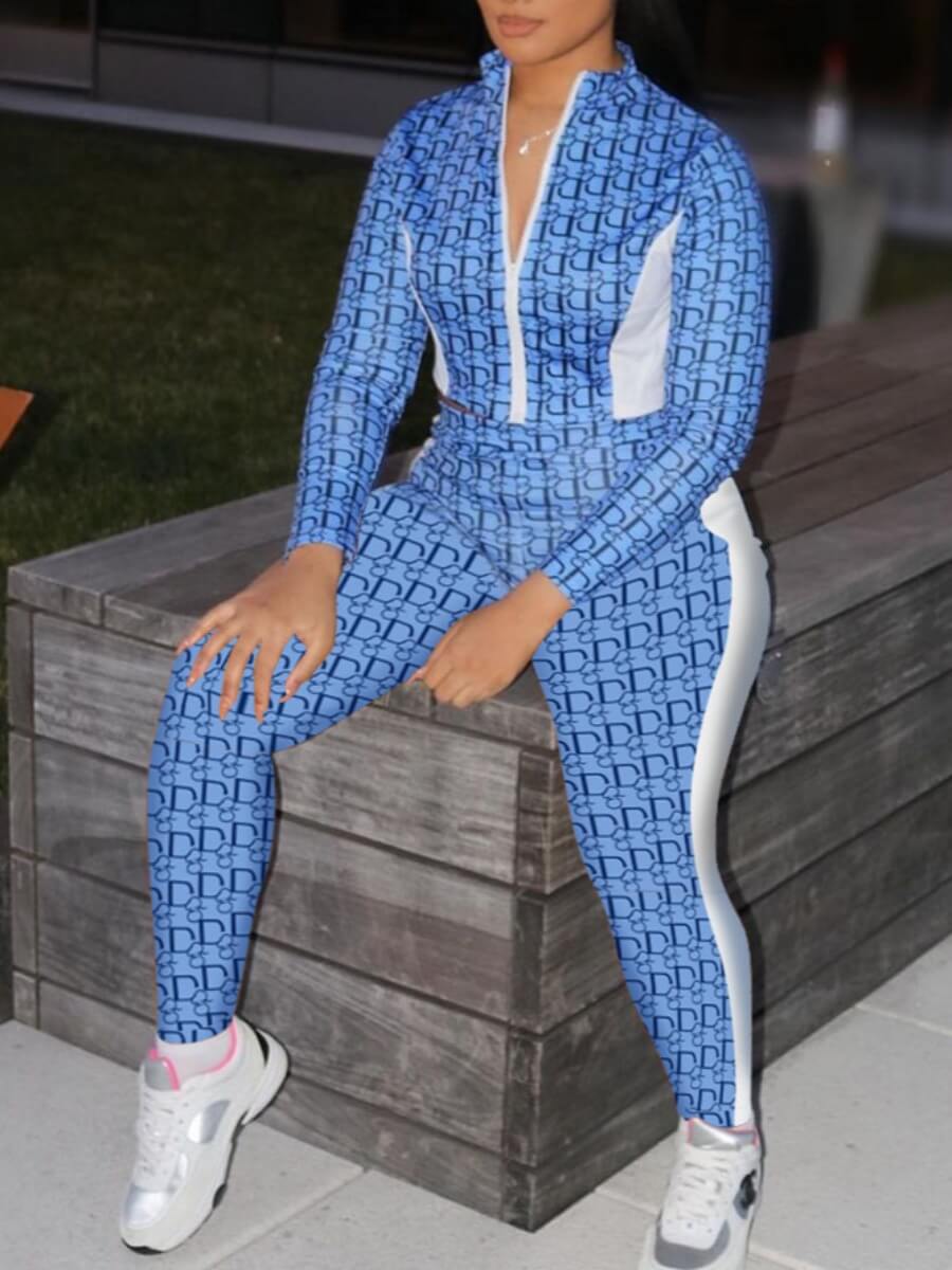 

Lovely Casual Plaid Print Striped Patchwork Blue Two Piece Pants Set