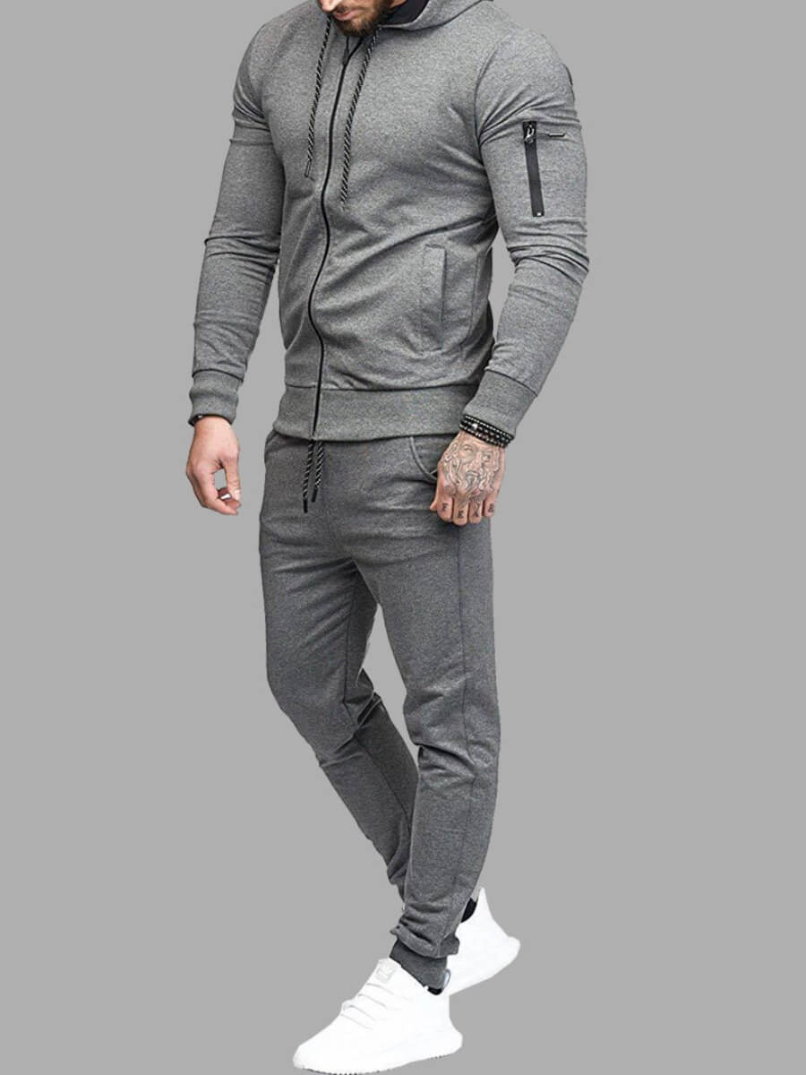 

Lovely Sportswear Hooded Collar Drawstring Dark Grey Men Two Piece Pants Set