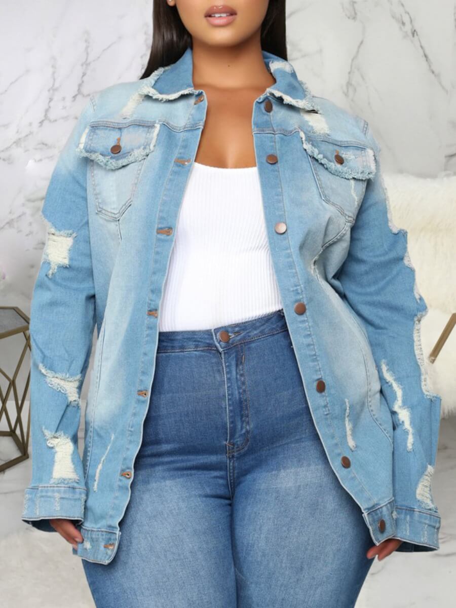 

Lovely Casual Broken Holes Button Design Blue Plus Size Denim Jacket
