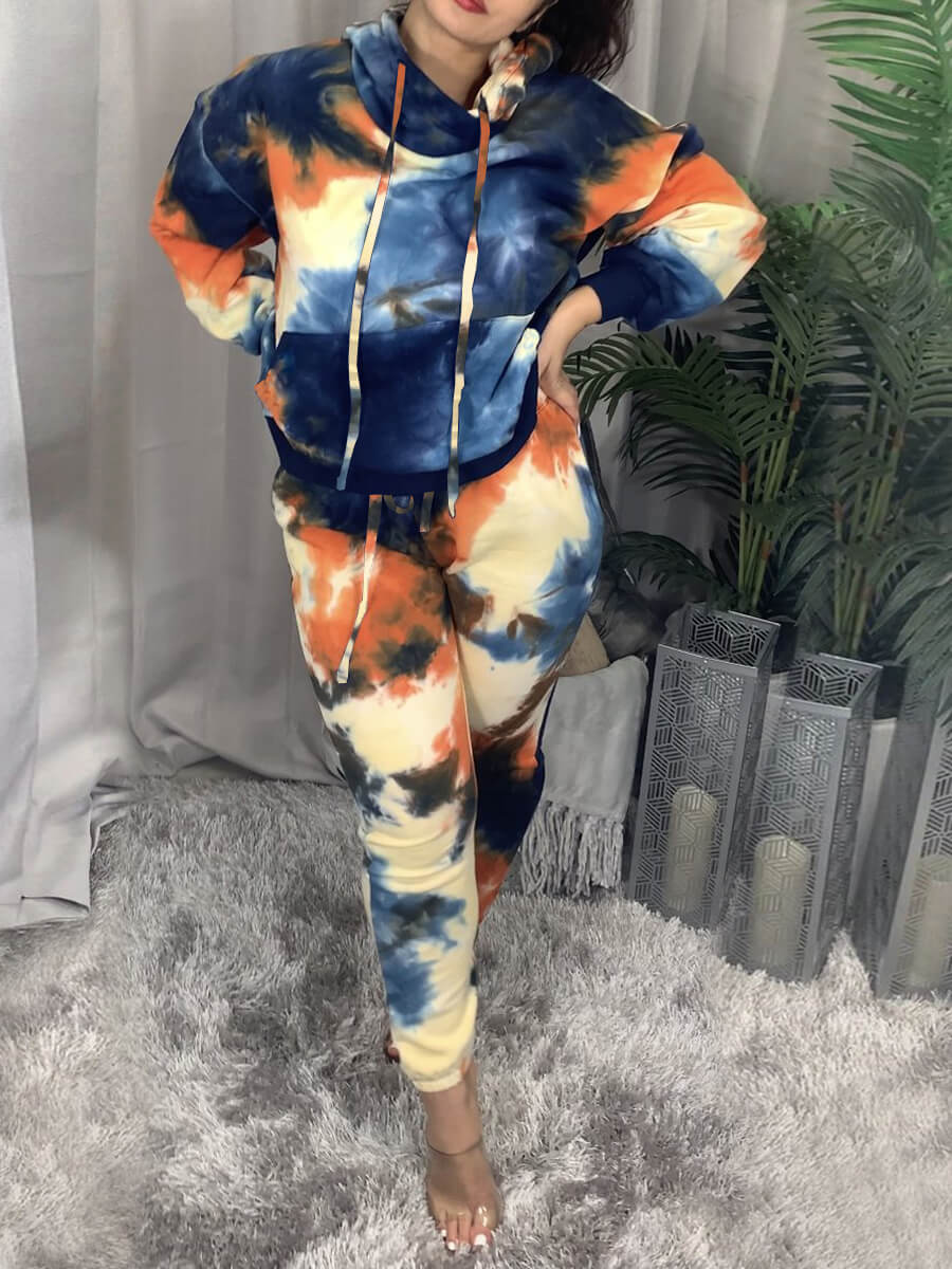 

Lovely Casual Hooded Collar Tie Dye Drawstring Multicolor Two Piece Pants Set, Multi