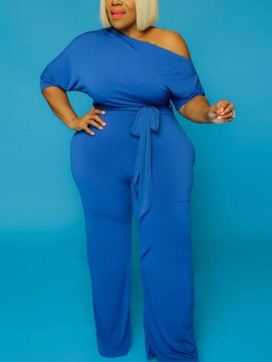 

Lovely Casual Drawstring Blue Plus Size One-piece Jumpsuit