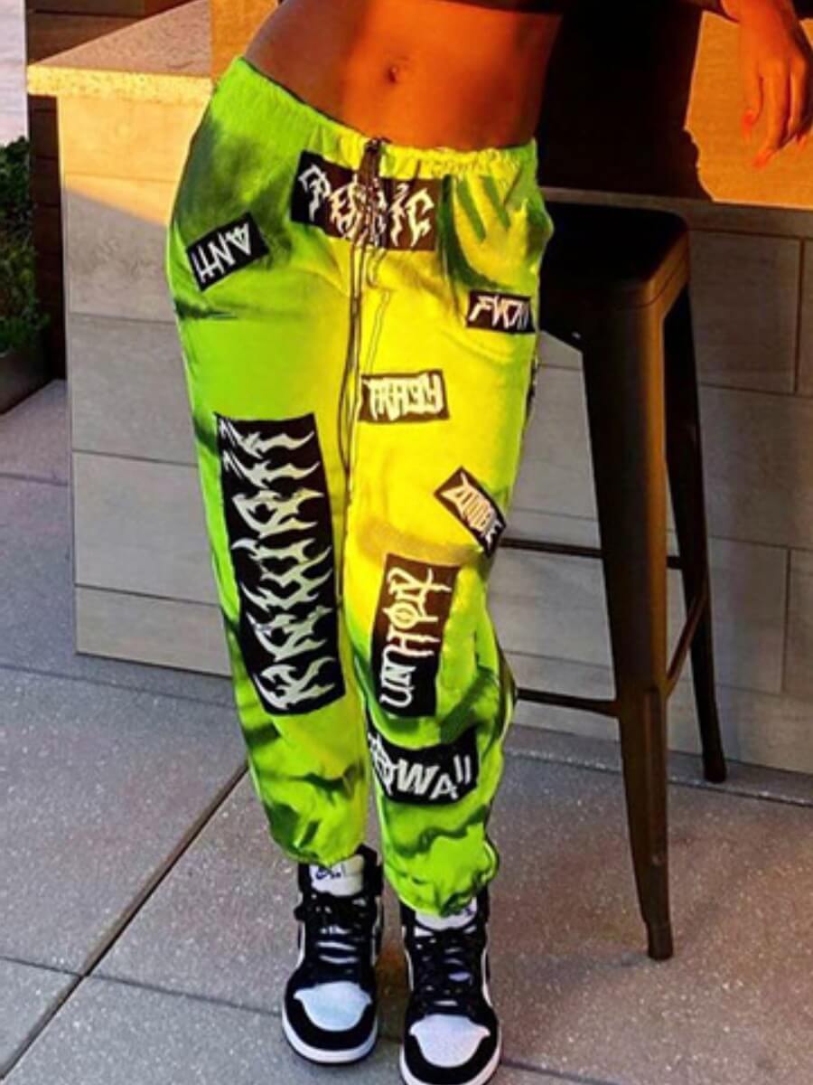 

Lovely Street Letter Print Drawstring Green Pants