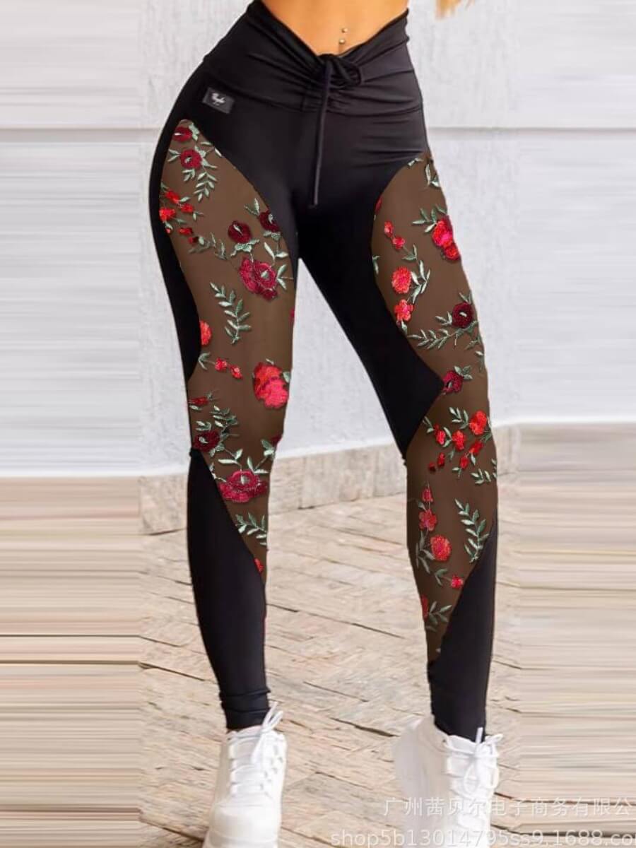 

Lovely Sportswear Floral Print Mesh Patchwork Drawstring Black Pants