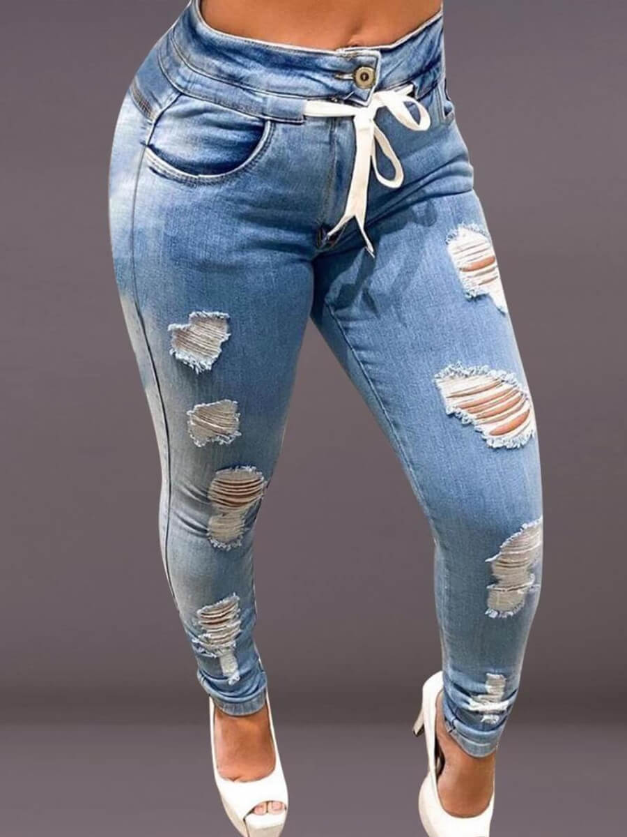 

Lovely Trendy Broken Holes Drawstring Baby Blue Plus Size Jeans