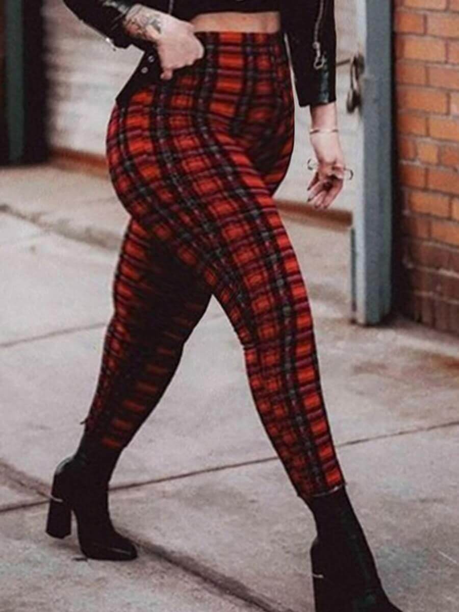 

Lovely Casual Plaid Print Patchwork Red Pants