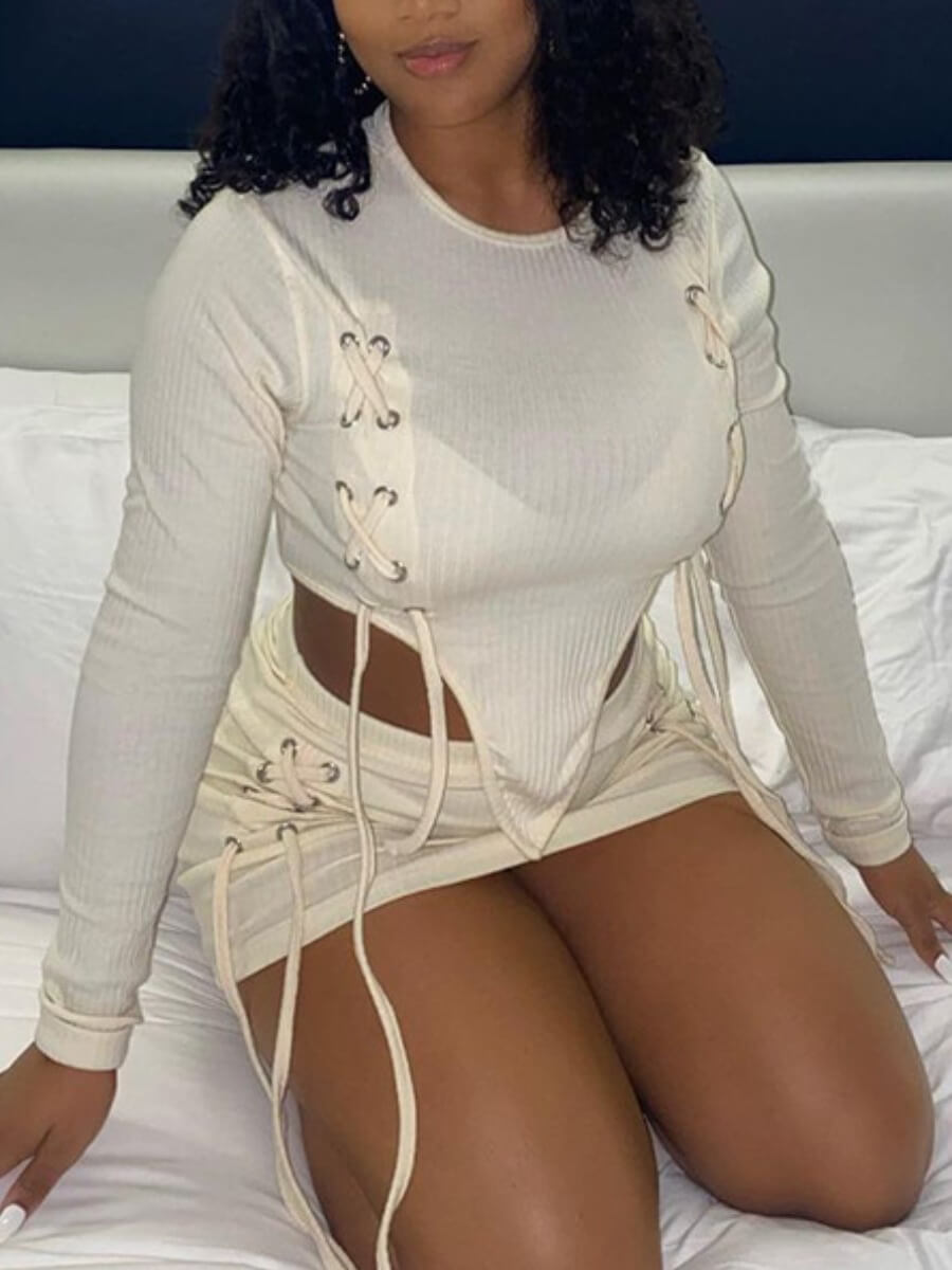 

Lovely Sexy O Neck Lace-up Asymmetrical White T-shirt