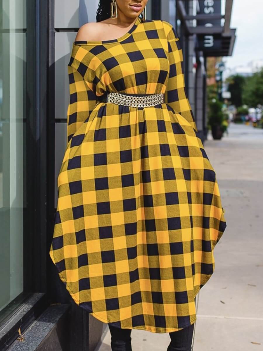 

Lovely Casual Plaid Print Patchwork Asymmetrical Yellow Ankle Length Dress