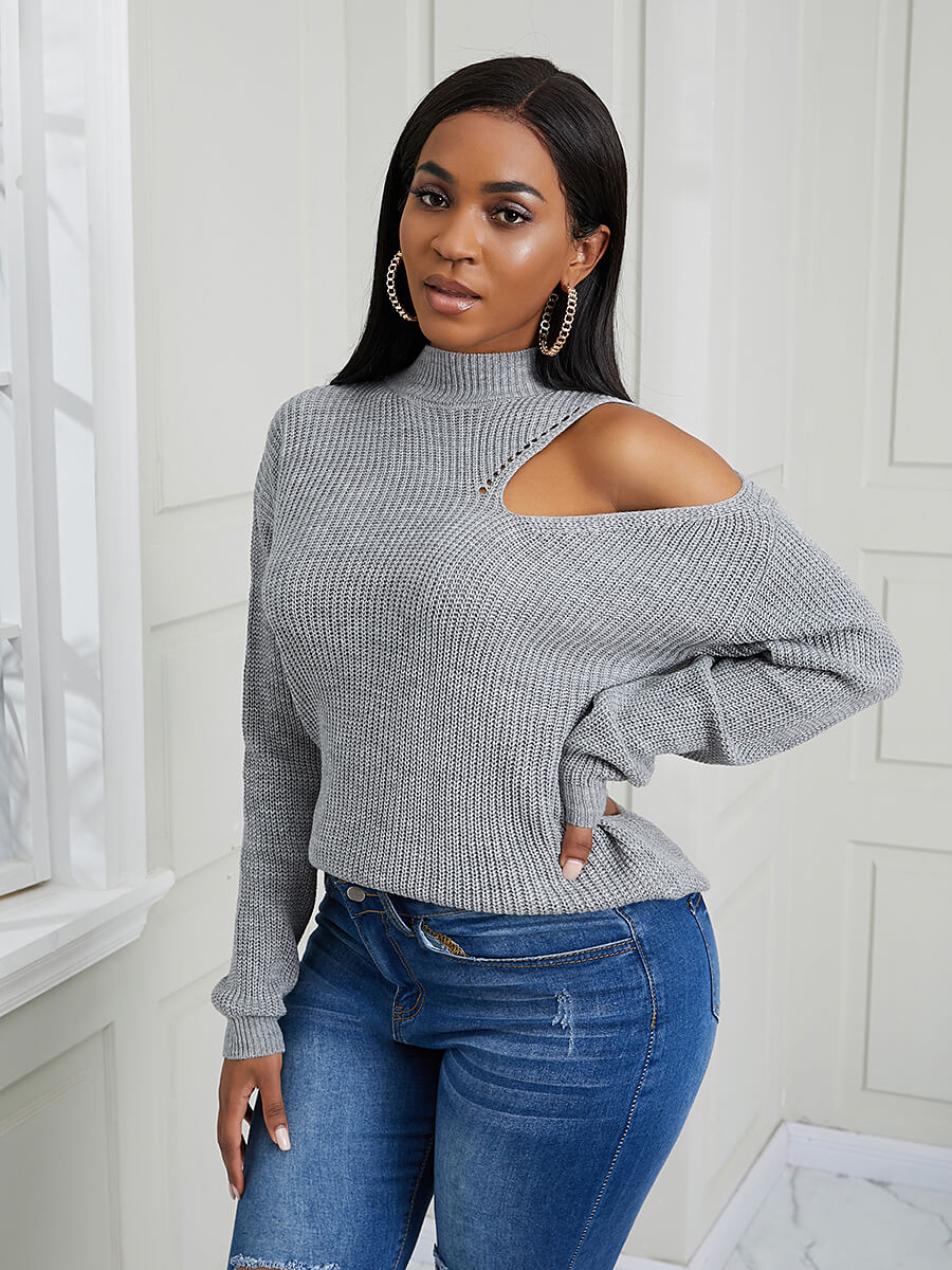 

Lovely Chic Half A Turtleneck Hollow-out Grey Sweater